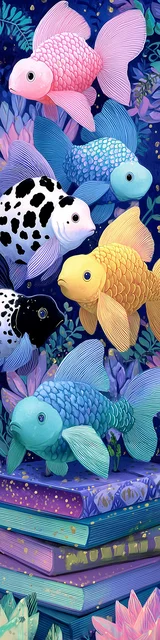 Free printable fish bookmark featuring books and a school of fish